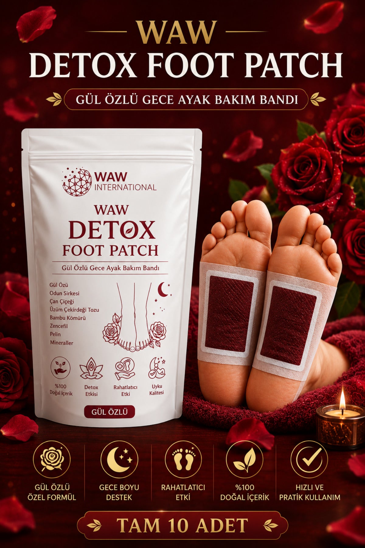 WAW Detox Foot Patch 10 Adet – Gül Özlü Gece Ayak Bakım Bandı