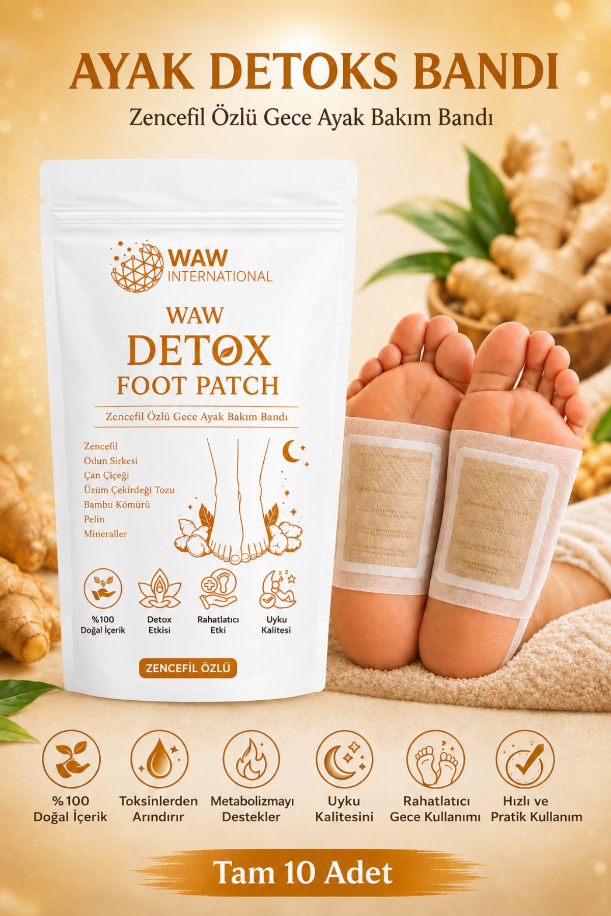 WAW Detox Foot Patch 10 Adet – Zencefil Özlü Gece Ayak Bakım Bandı